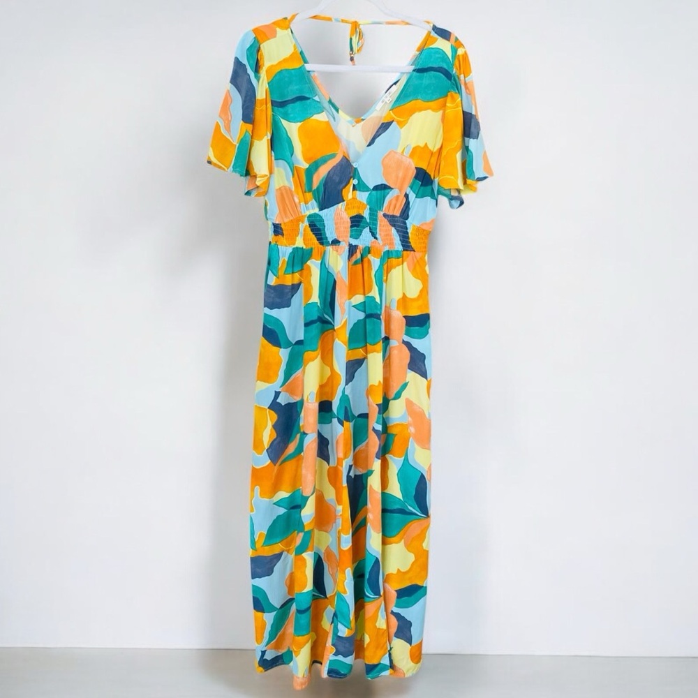 Abel the Label Colorful Abstract Print Smocked Waist Flutter Sleeve Maxi Dress